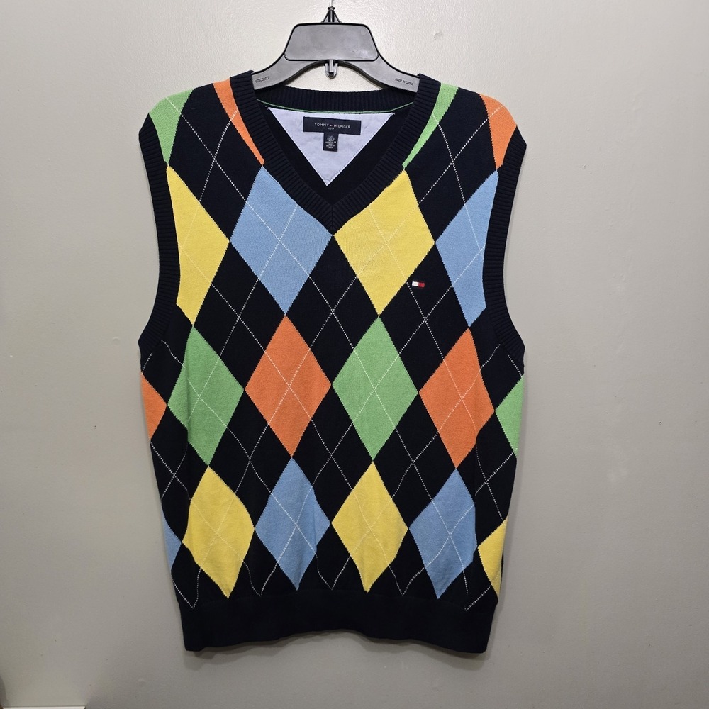 TOMMY HILFIGER Mens Navy Blue Multi Argyle Pattern Jumper V-Neck 100% Cotton L